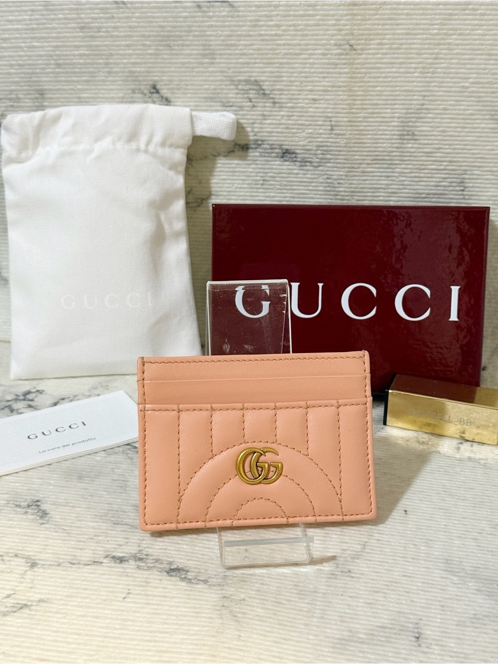 Gucci GG Marmont Matelassé Leather Card Holder Peach-Pink